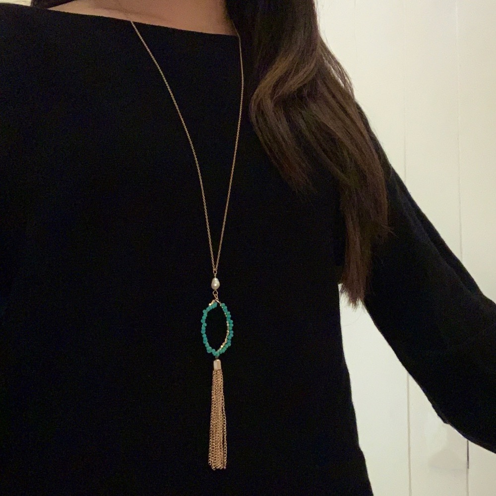 Handmade Long Necklace Pearl with Gold Drop Chain